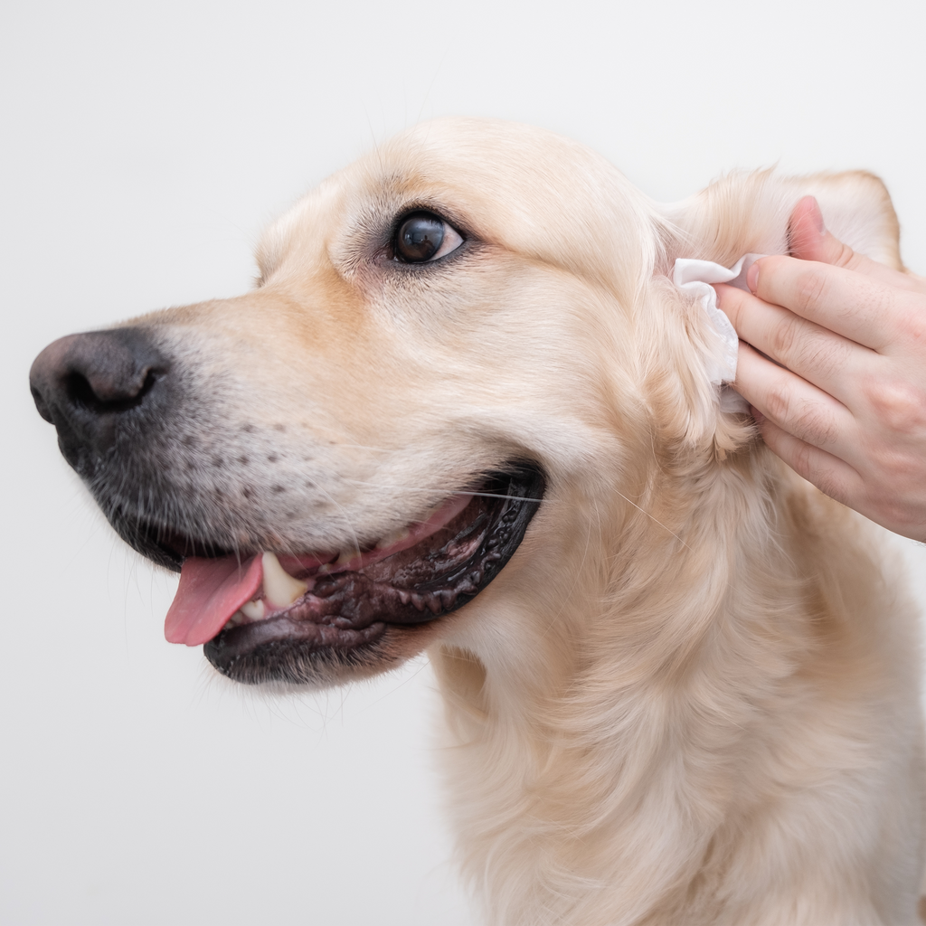 Cleaning dog ears with Tinytails ear wipes